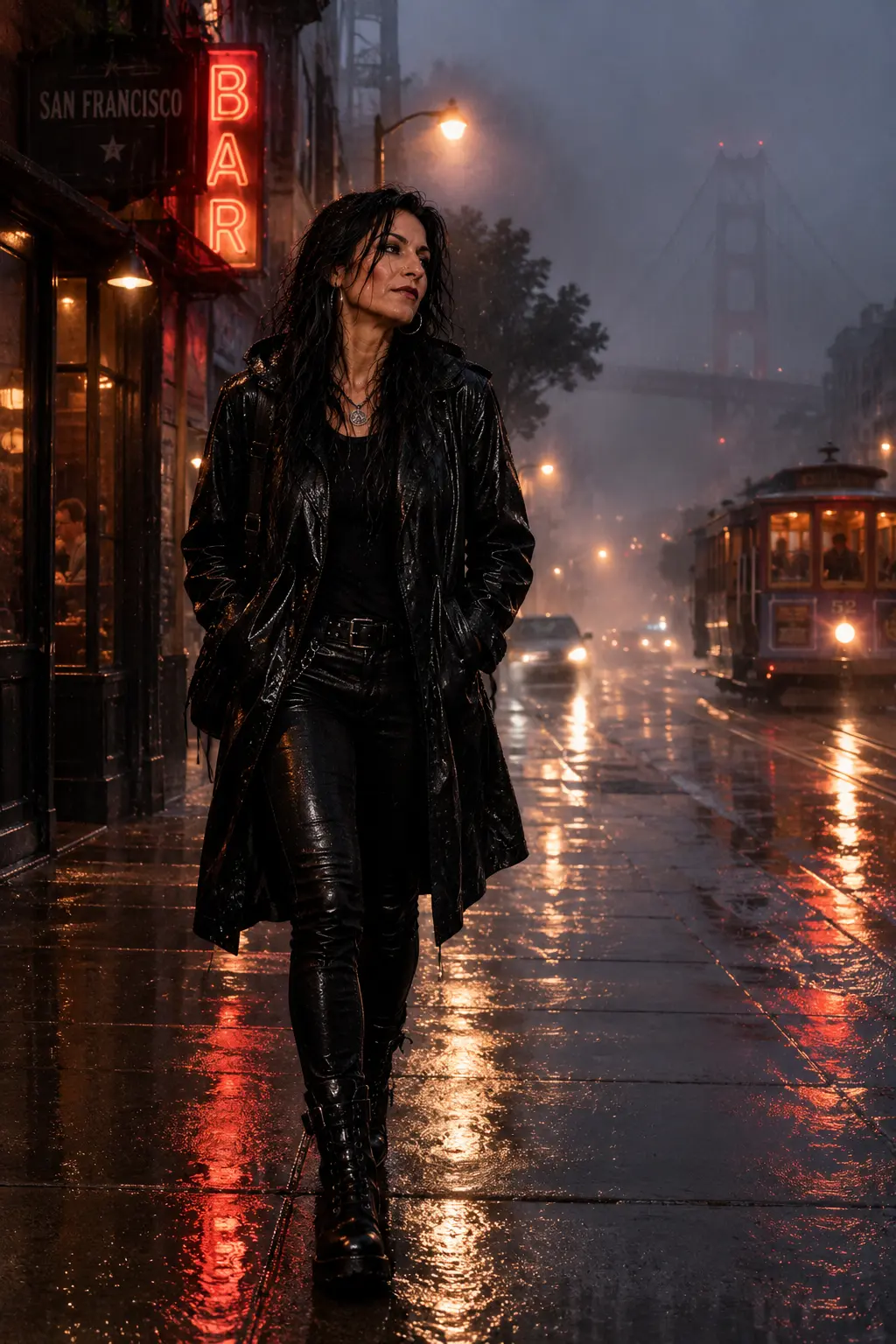 Venus Bradan walking through San Francisco in the rain